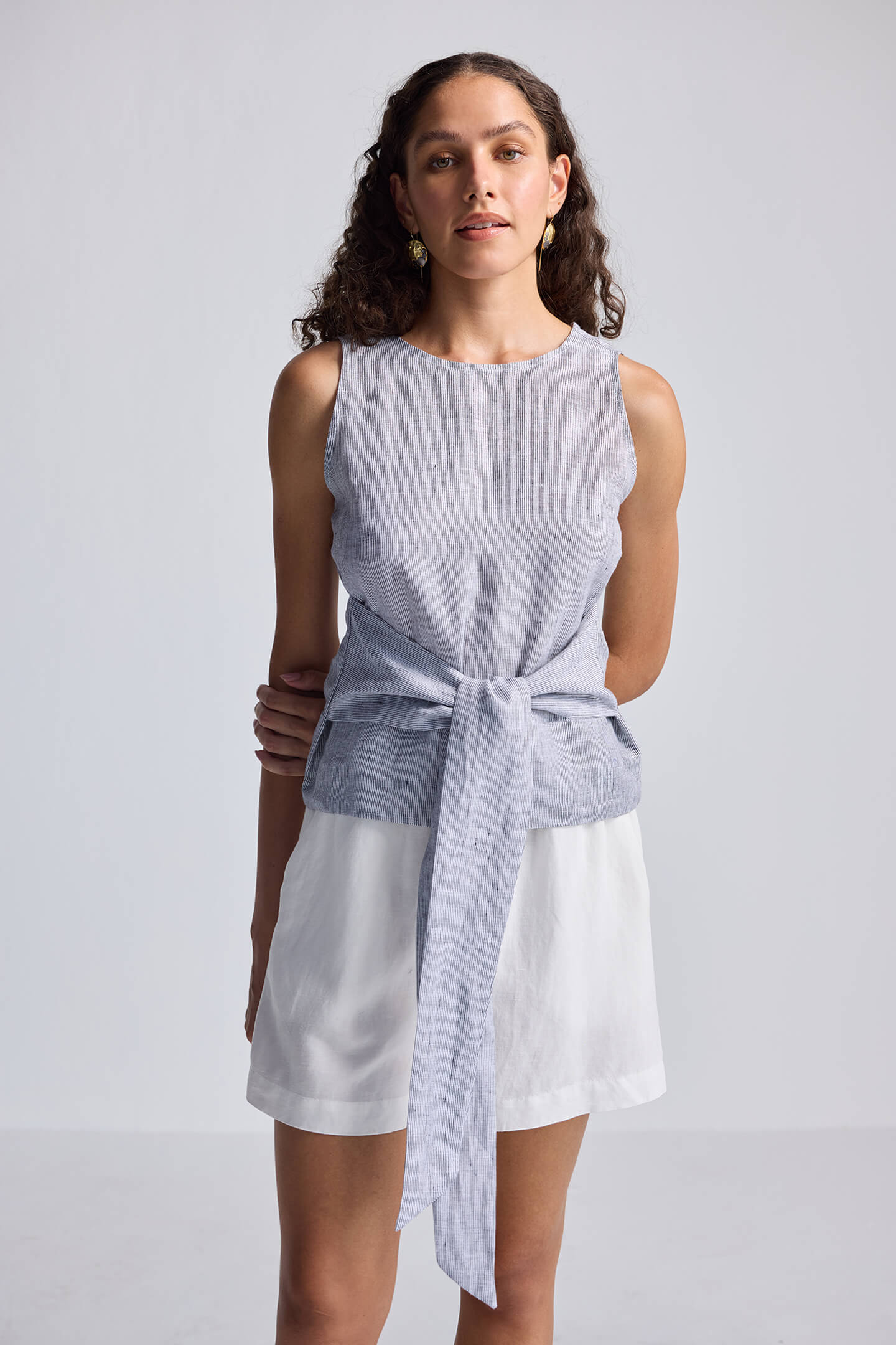 Reistor Front-tie Top in Linen Stripes - plus size top, front view