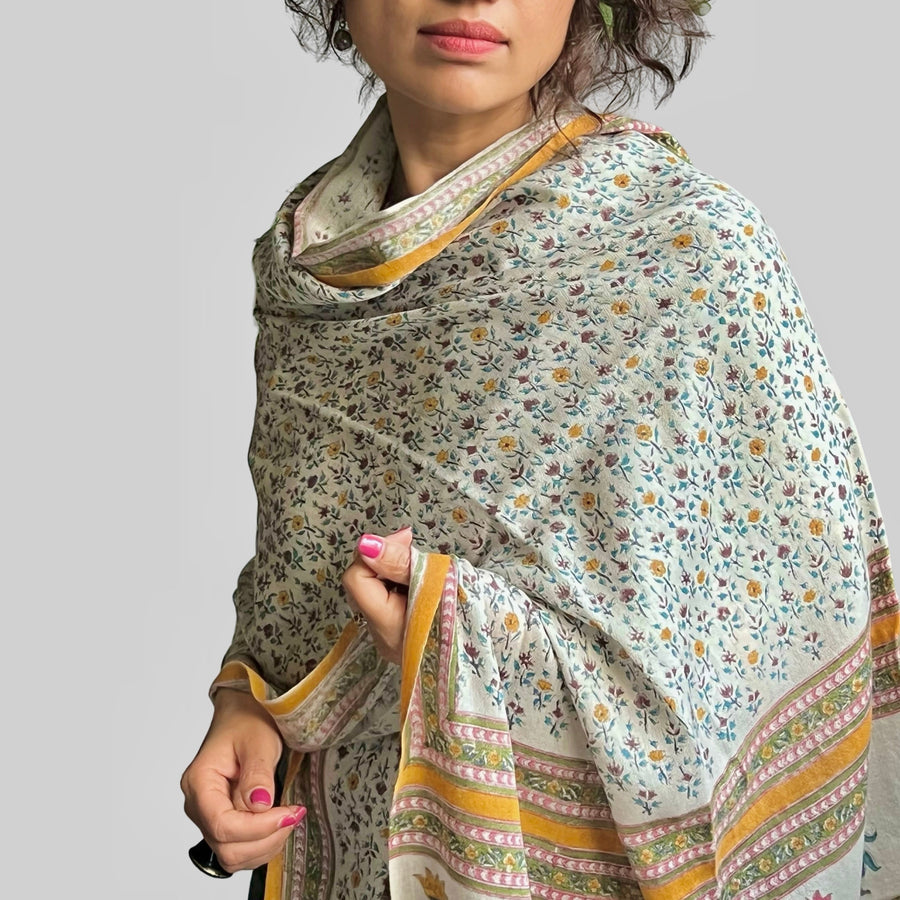 Fyoli Fyoli SANGANER Pashmina X Merino Block Printed Wrap - women's artisan accessory
