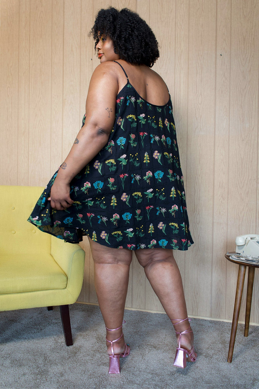 Tamara Malas Gigi Slip Dress black floral print flared back view on plus size model