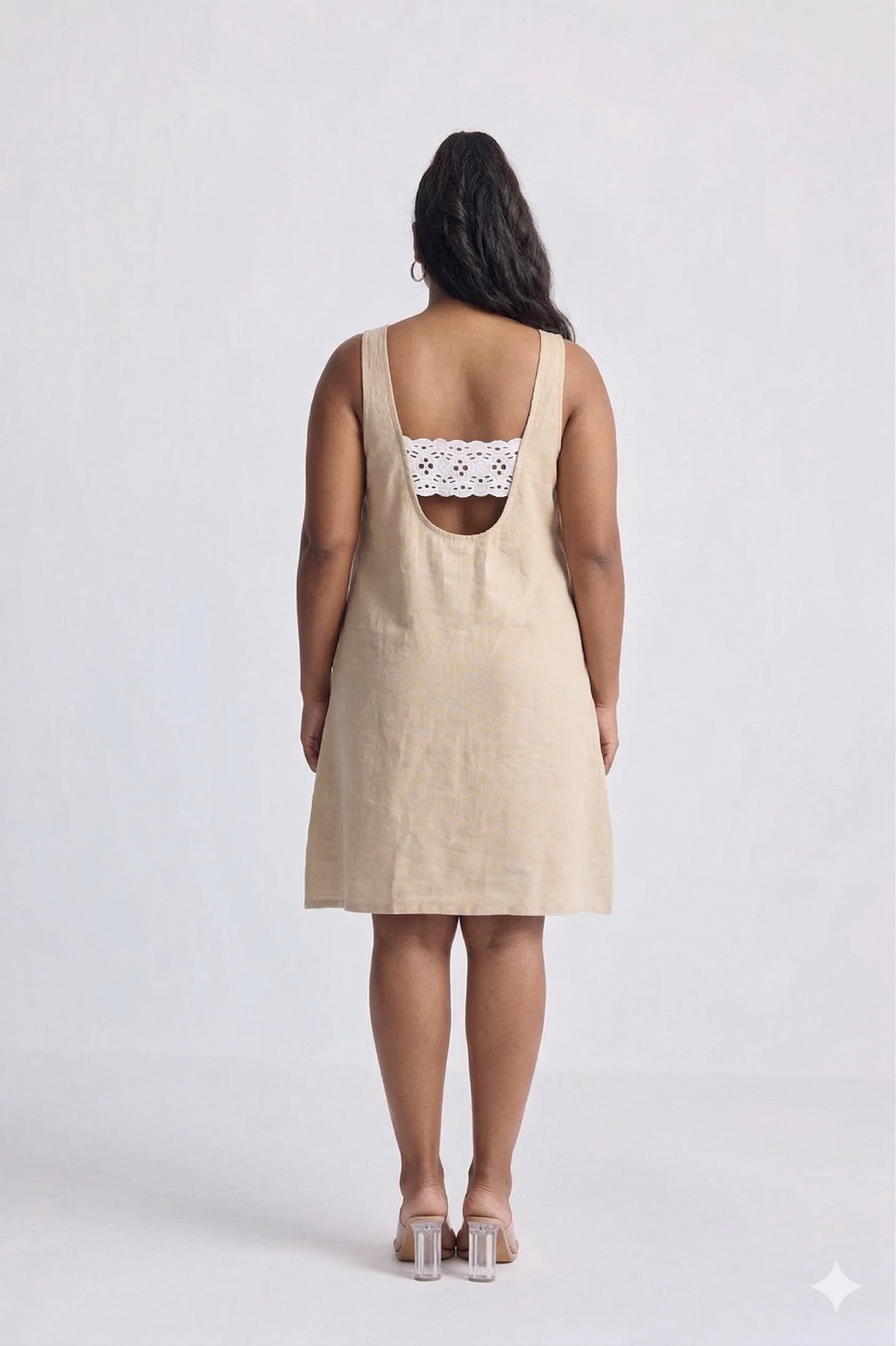 Hemp Short Dress with Back Embroidered Lace Detail
