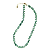 Studio isolated view of the Sela Designs Green Margot Beaded Necklace showing the gold extender chain and clasp.