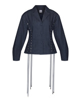 Hilary MacMillan Lace Up Exaggerated Sleeve Denim Jacket in Blue, size-inclusive women's fashion jacket with corset-inspired side lacing.