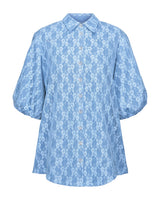Hilary MacMillan Denim Lace Puff Sleeve Blouse in Blue - size-inclusive women's clothing