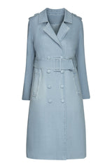 Studio product shot of the Tamika denim trench coat fully buttoned and belted without the faux fur collar, highlighting the classic pointed lapels.