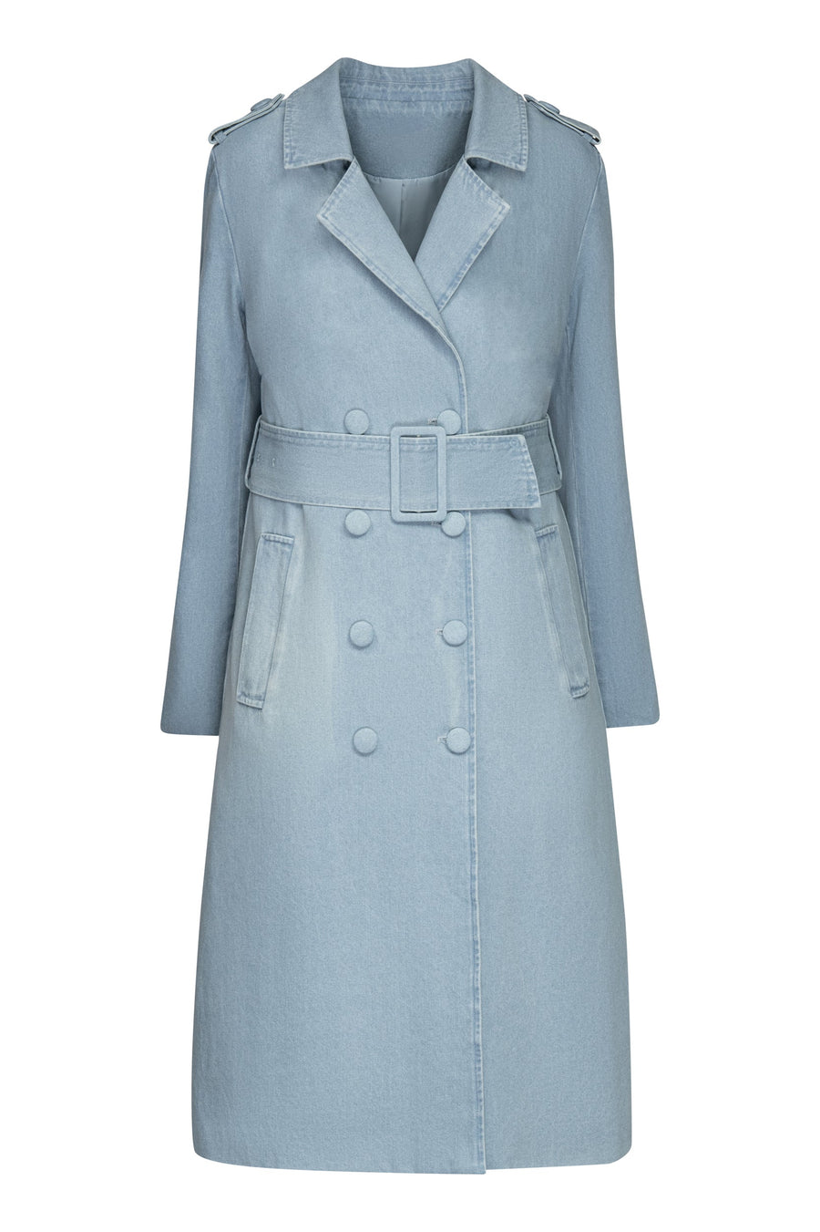 Studio product shot of the Tamika denim trench coat fully buttoned and belted without the faux fur collar, highlighting the classic pointed lapels.