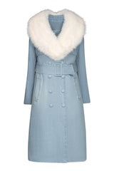 Studio product shot of the Hilary MacMillan sky blue Tamika denim trench coat fully buttoned and belted with the removable white faux fur collar attached.