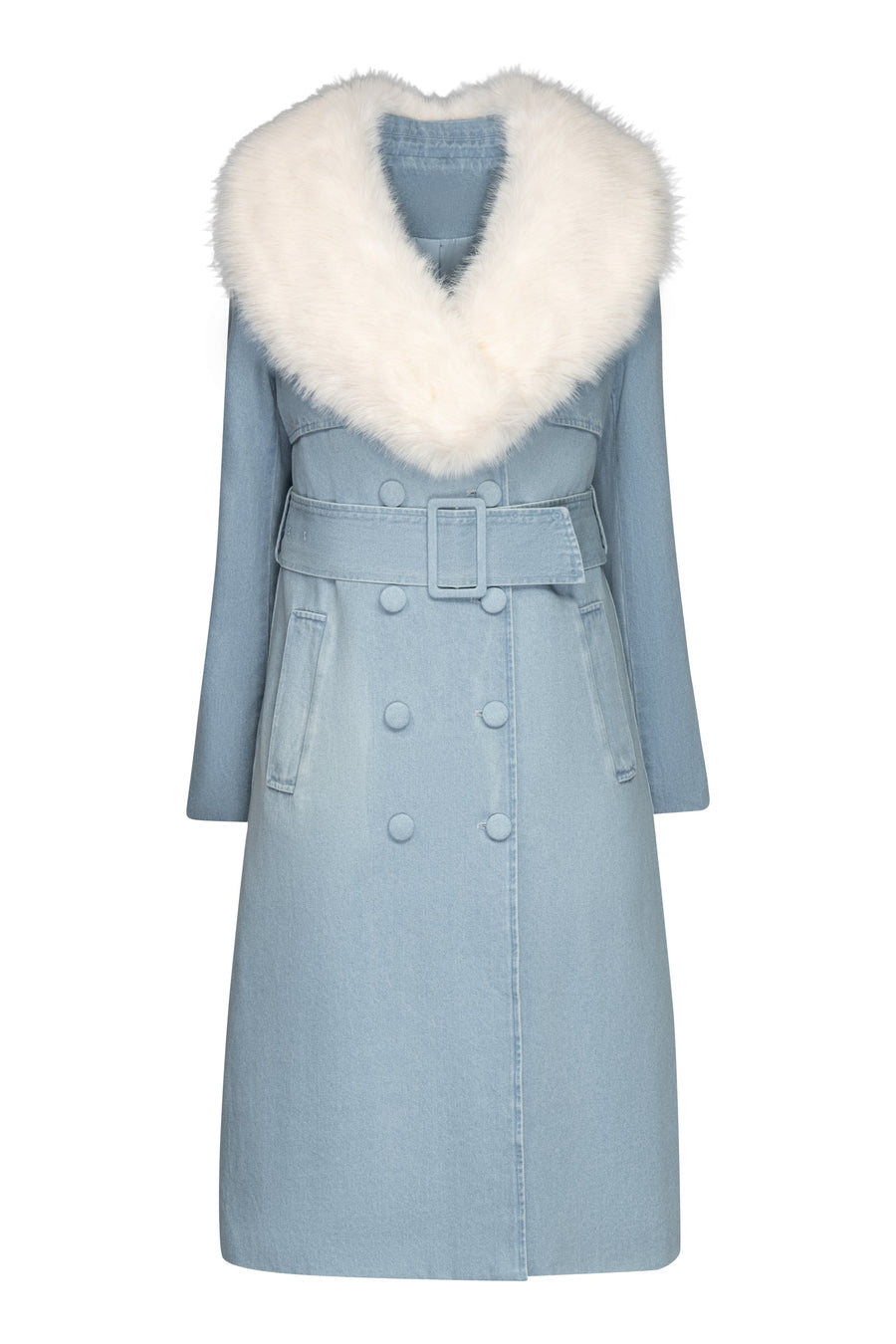 Studio product shot of the Hilary MacMillan sky blue Tamika denim trench coat fully buttoned and belted with the removable white faux fur collar attached.