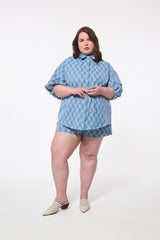 Hilary MacMillan Denim Lace Puff Sleeve Blouse in Blue - size-inclusive women's clothing