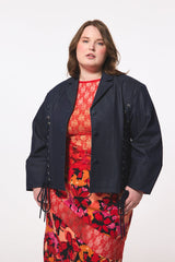Hilary MacMillan Lace Up Exaggerated Sleeve Denim Jacket in Blue - size-inclusive women's clothing - Front view
