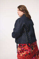 Hilary MacMillan Lace Up Exaggerated Sleeve Denim Jacket in Blue - size-inclusive women's clothing - Side view