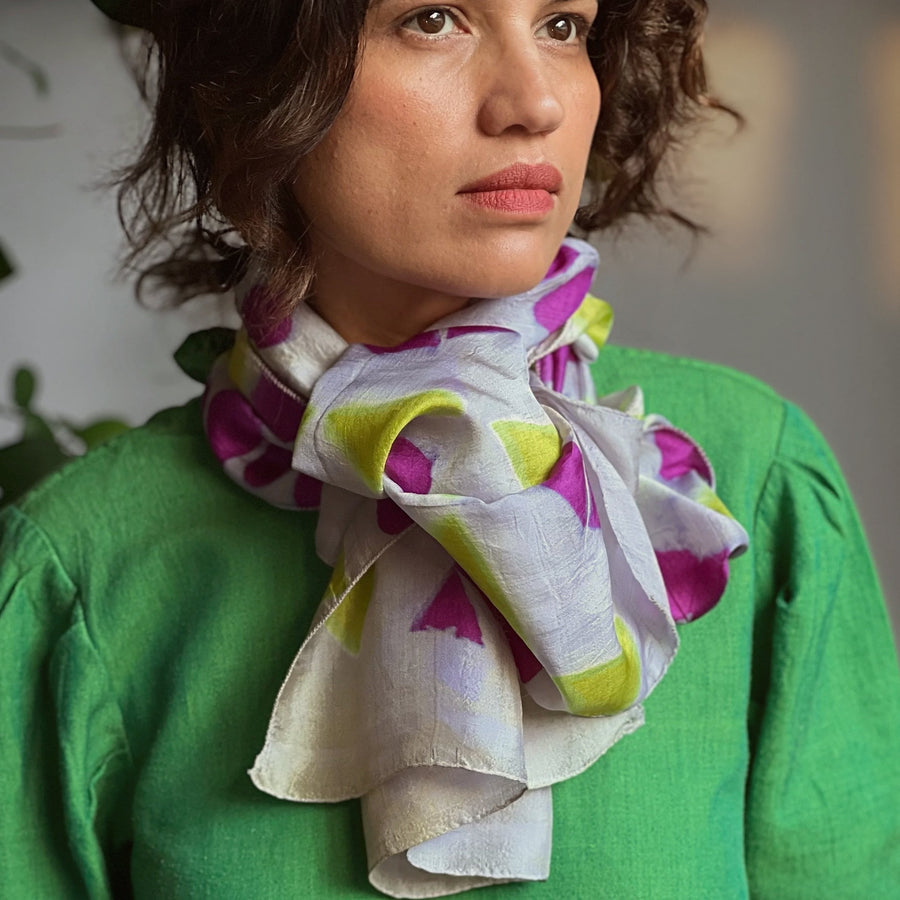 Fyoli Fyoli MIRA Handwoven Clamp Dyed Mulberry Silk Stole in Purple Green - women's artisan scarf