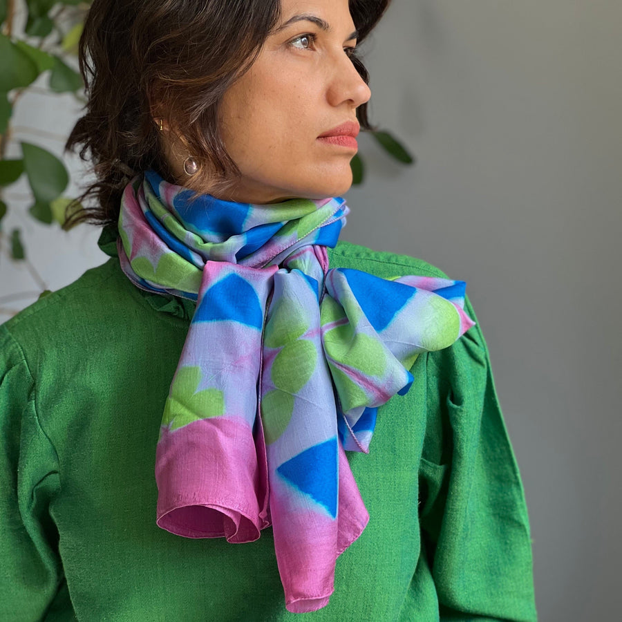 Fyoli Fyoli MIRA Handwoven Clamp Dyed Mulberry Silk Stole in Purple Green - women's artisan scarf