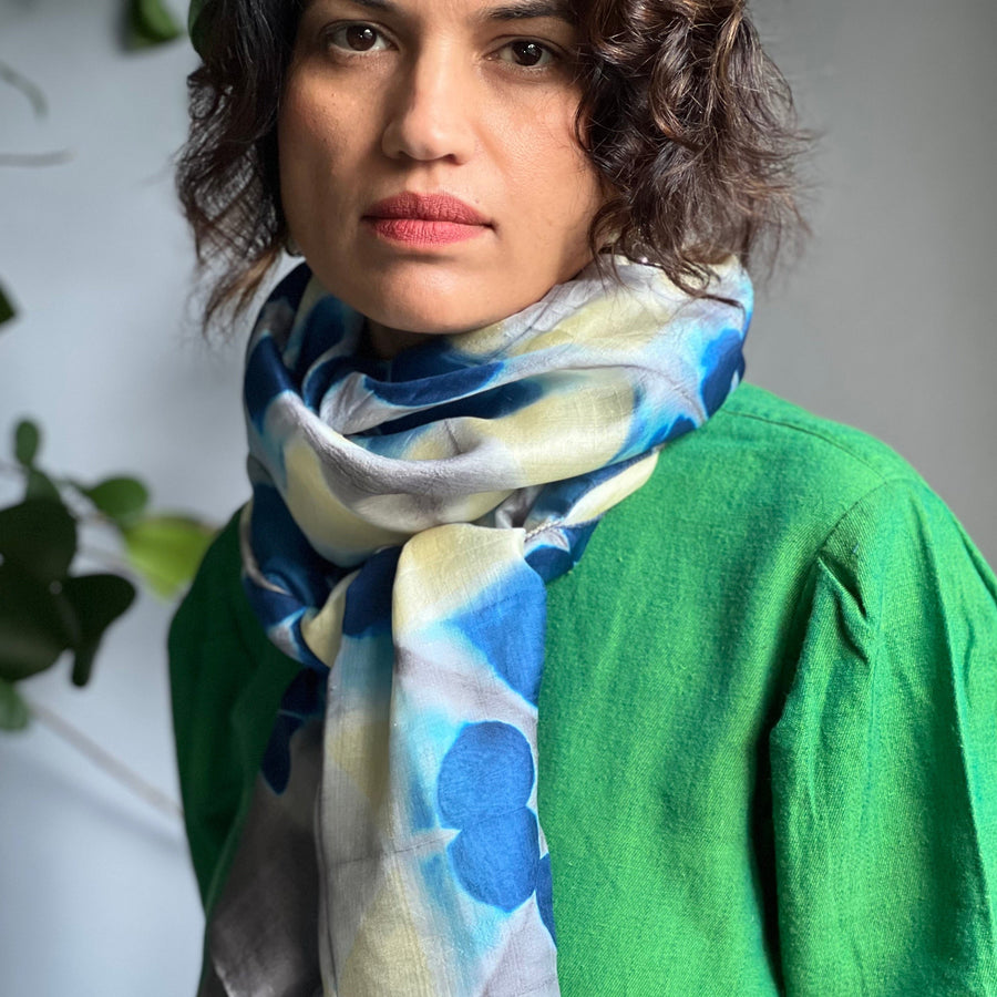 Fyoli Fyoli MIRA Handwoven Clamp Dyed Mulberry Silk Stole in Purple Green - women's artisan scarf