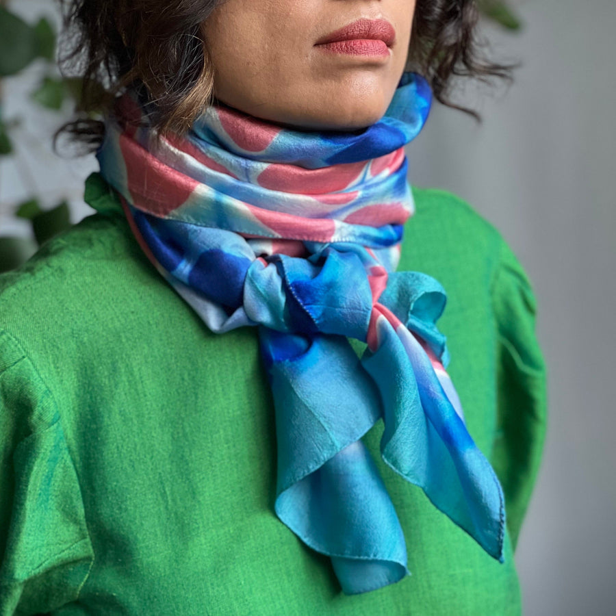 Fyoli Fyoli MIRA Handwoven Clamp Dyed Mulberry Silk Stole in Purple Green - women's artisan scarf