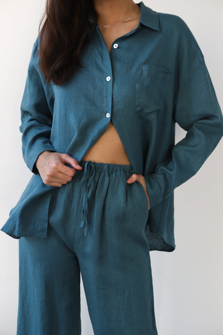 Be Idle The Linen Drawstring Pant  - Teal - plus size pant, product view