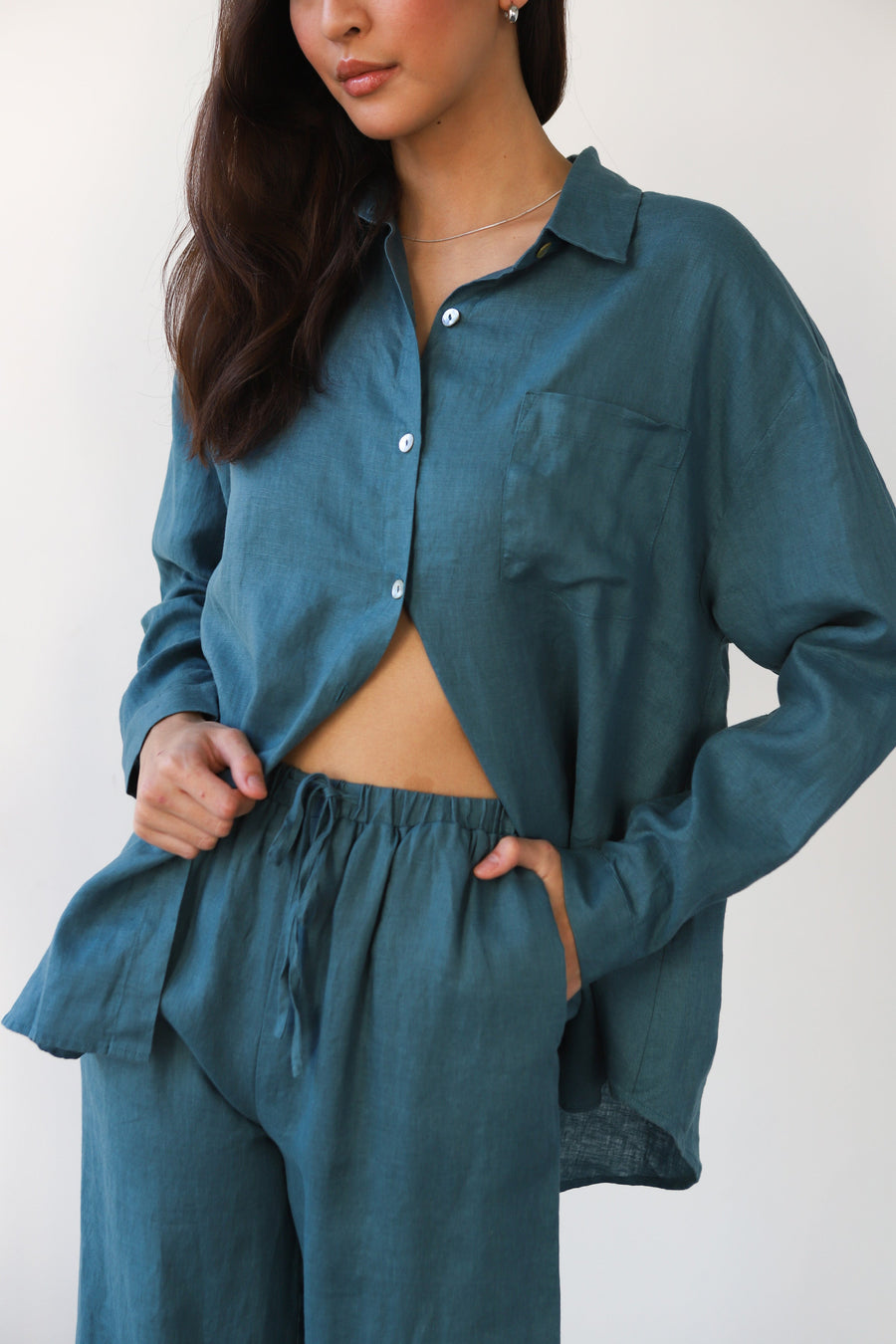 Be Idle The Linen Drawstring Pant  - Teal - plus size pant, product view