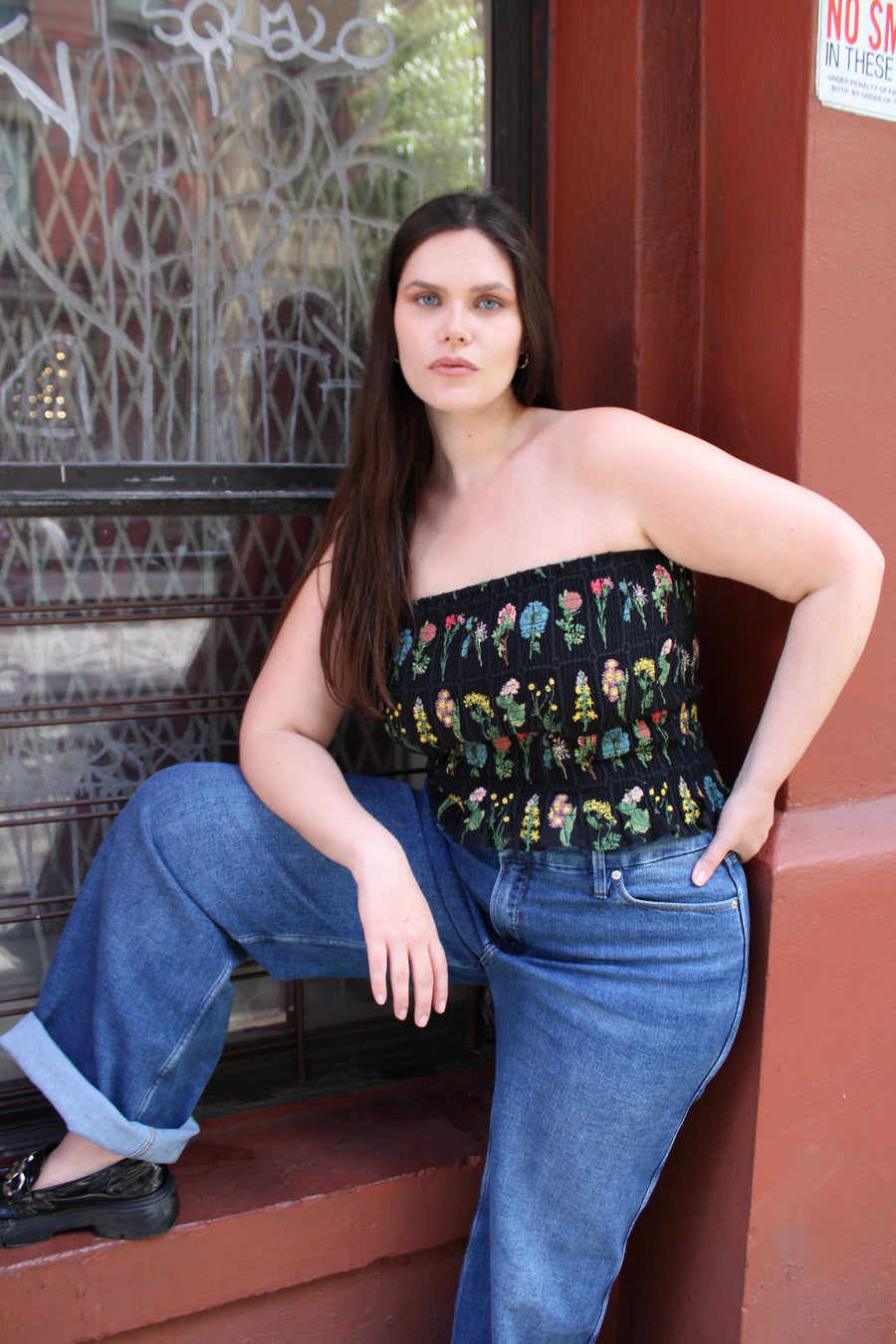Tamara Malas Sophie Smocked Top black embroidery strapless tube design front view on plus size model