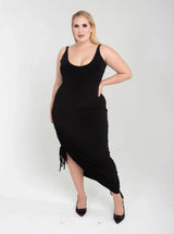 Model wearing The OG Game Changer Black Dress by Renee Cafaro, a size-inclusive black dress designed for comfort, versatility, and everyday elegance.