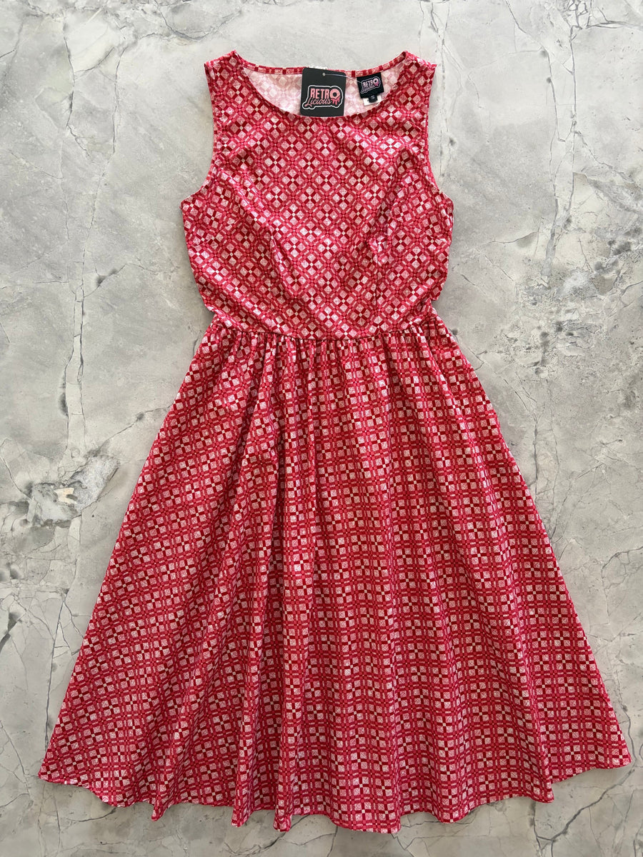 Flat lay product photograph of the Retrolicious Red Diamond Midi Dress showing its sleeveless bodice and full skirt.