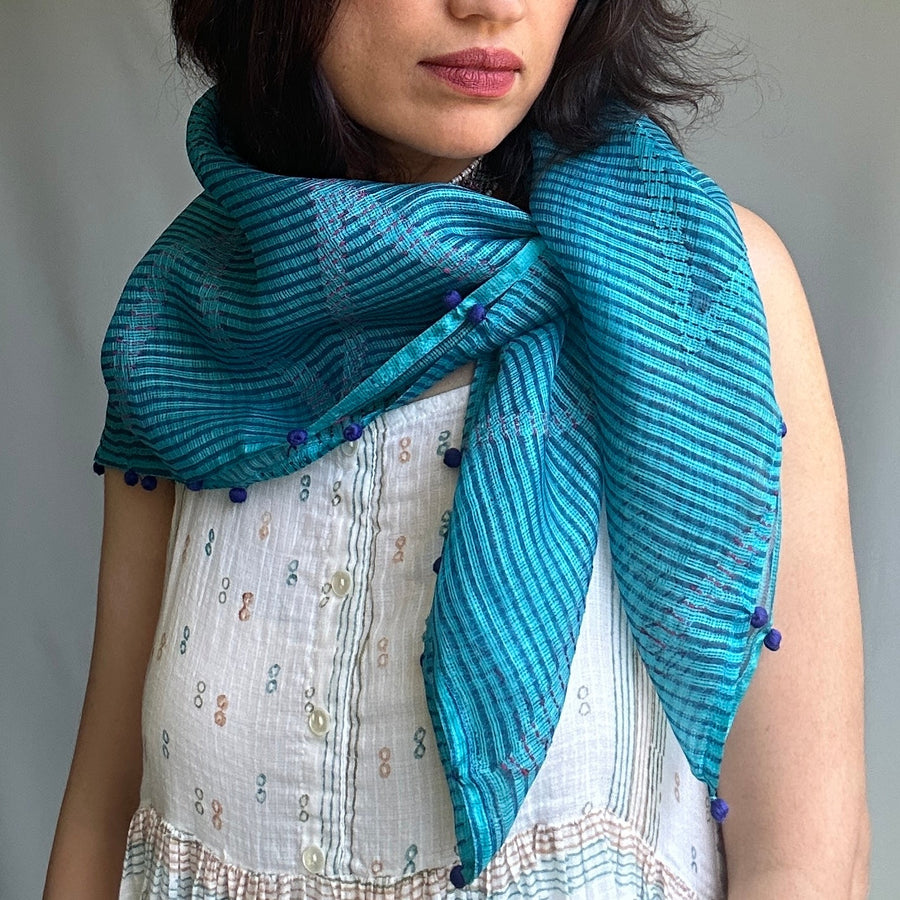 Fyoli Fyoli ANANDA Kota Silk Square Scarf in Lilac Grey - women's artisan scarf