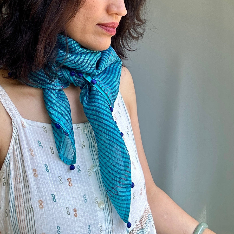 Fyoli Fyoli ANANDA Kota Silk Square Scarf in Lilac Grey - women's artisan scarf