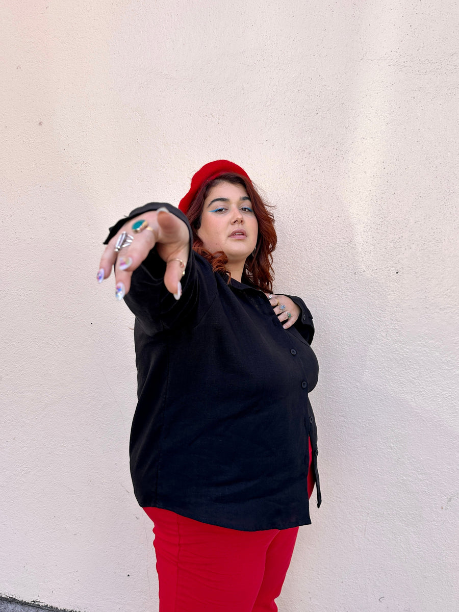 NOOWORKS Classic Button Down Black Linen - plus size garment, product view