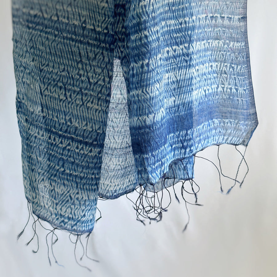 Fyoli Fyoli NEEL Silk Cotton Natural Indigo Shibori Stole in Indigo Needle Shibori - women's artisan scarf