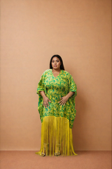 Besida Palm Green & Yellow Fringe Kaftan Dress | Women's size inclusive fashion - Front View