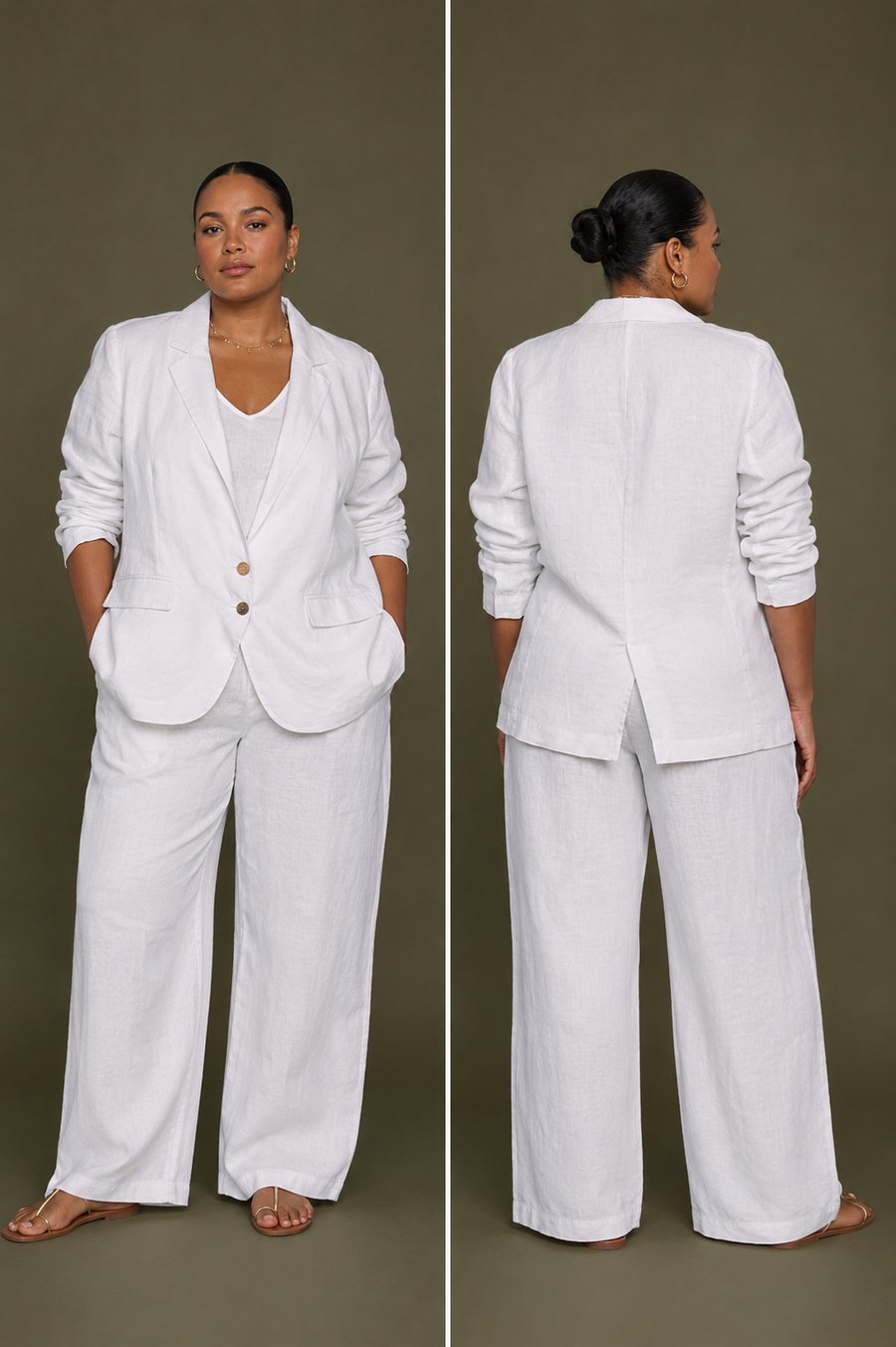 Side-by-side split view showing the front and back profile of a plus-size model wearing the eco-friendly white hemp blazer and matching wide-leg trousers, highlighting the back slit design and relaxed, inclusive tailoring.