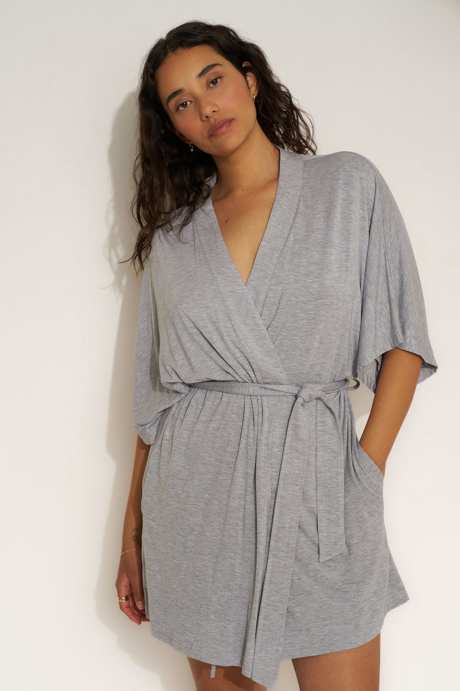 Be Idle The Jersey Short Robe - Heather Grey - plus size shorts, product view