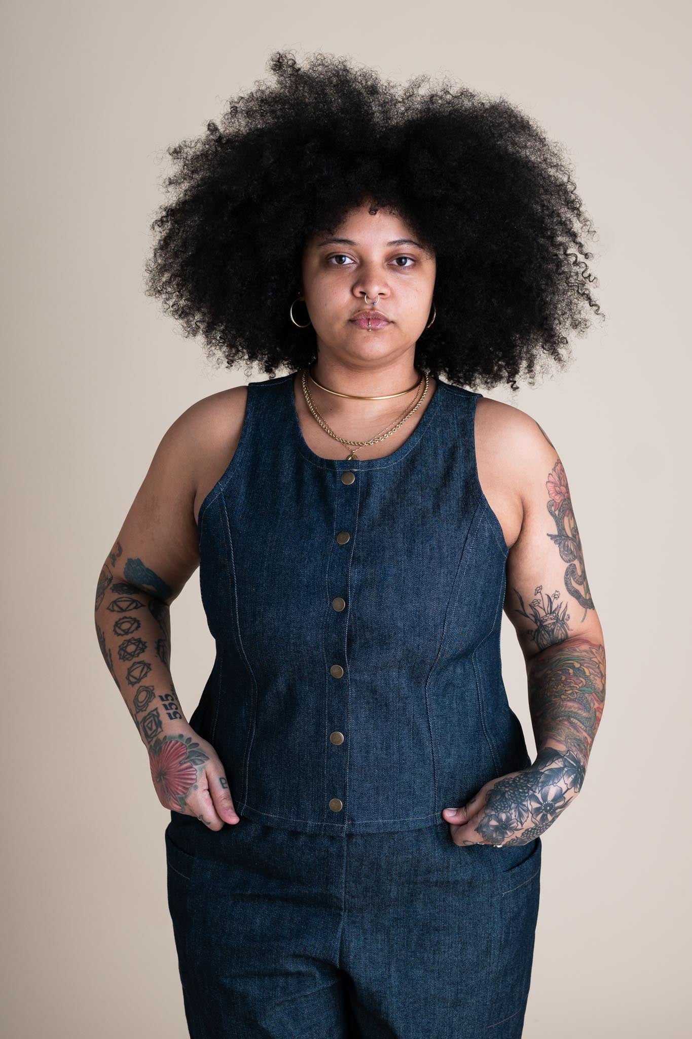 Conscious Clothing Katherine Vest in Cone Denim - plus size vest, product view