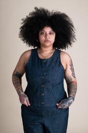 Conscious Clothing Katherine Vest in Cone Denim - plus size vest, product view