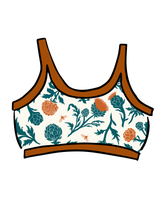 Vector outline product graphic of the Thunderpants US Longline Bra in the Robben's Artichokes teal, rust, and bee print isolated on a black background.