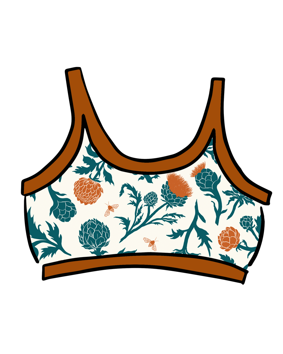 Vector outline product graphic of the Thunderpants US Longline Bra in the Robben's Artichokes teal, rust, and bee print isolated on a black background.