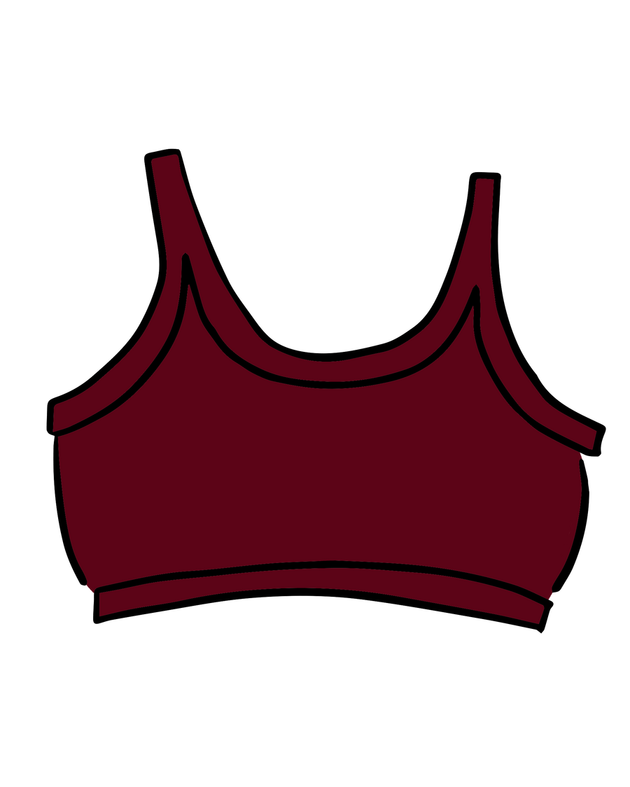 Vector outline product graphic of the Thunderpants US Longline Bra in rich Tuscan Red isolated on a black background.