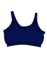 Product graphic of the deep blue Thunderpants US Indigo Montoya Longline Bra isolated on a white background.