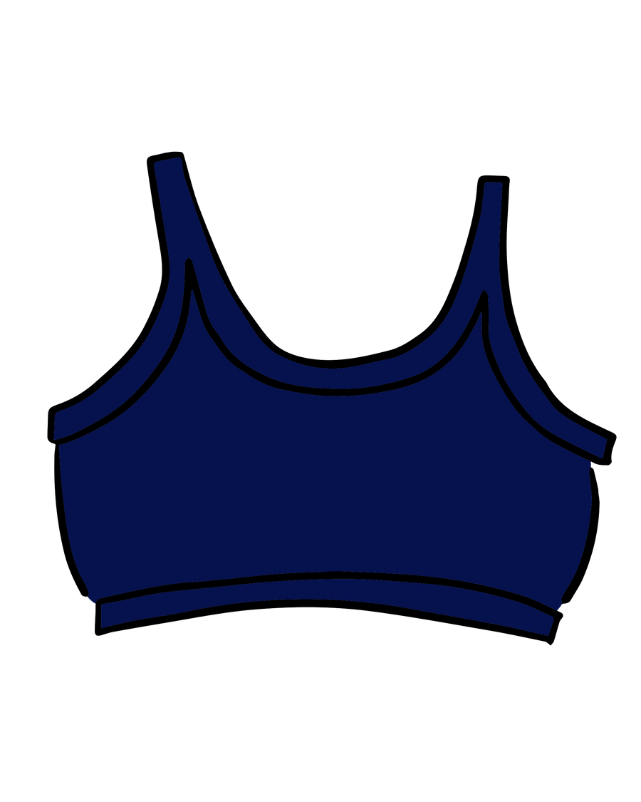 Product graphic of the deep blue Thunderpants US Indigo Montoya Longline Bra isolated on a white background.