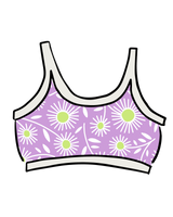 Graphic illustration of the Thunderpants US Longline Bra in the purple and lime green Delia's Daisy floral print against a black background.