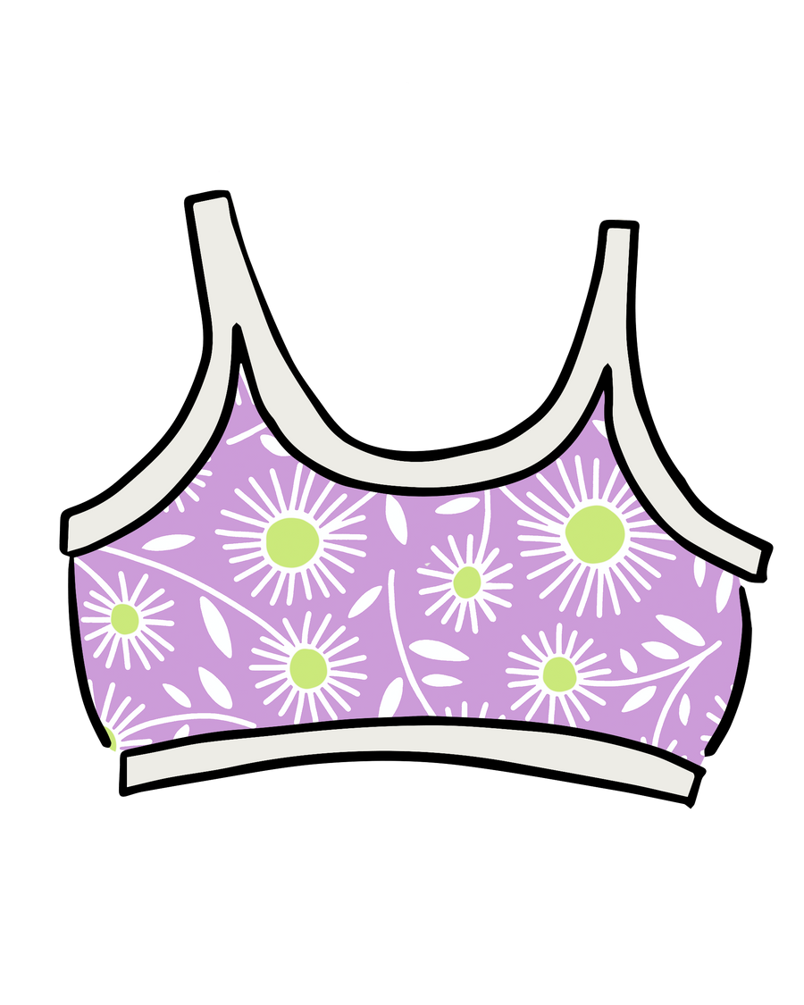 Graphic illustration of the Thunderpants US Longline Bra in the purple and lime green Delia's Daisy floral print against a black background.