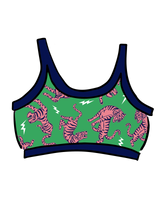 Flat lay graphic of the Thunderpants US Longline Bra in the Electric Tiger print against a black background.
