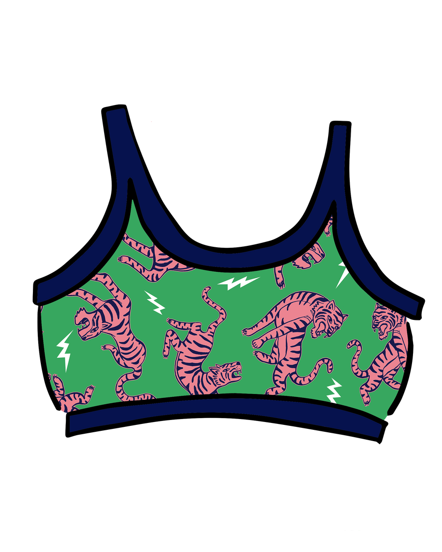 Flat lay graphic of the Thunderpants US Longline Bra in the Electric Tiger print against a black background.