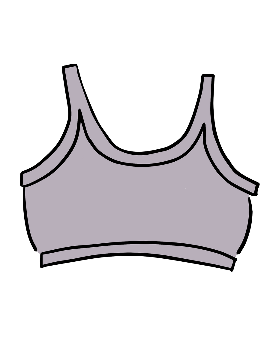 Vector outline product graphic of the Thunderpants US Longline Bra in Wisterial Girl purple-grey isolated on a black background.