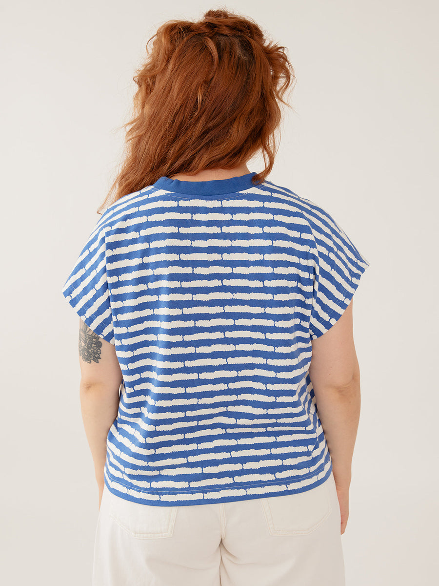 Back view of the Mata Traders organic cotton Caitlin tee in cobalt split stripe.