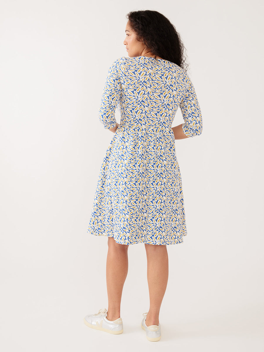 Mata Traders Callie 3/4 Sleeve Wrap Dress in Fern Beats Blue -  size Inclusive, women's clothing, back view