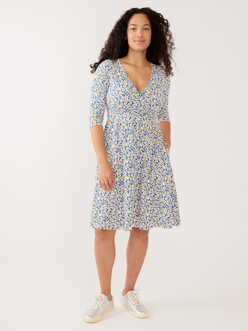 Mata Traders Callie 3/4 Sleeve Wrap Dress in Fern Beats Blue -  size Inclusive, women's clothing