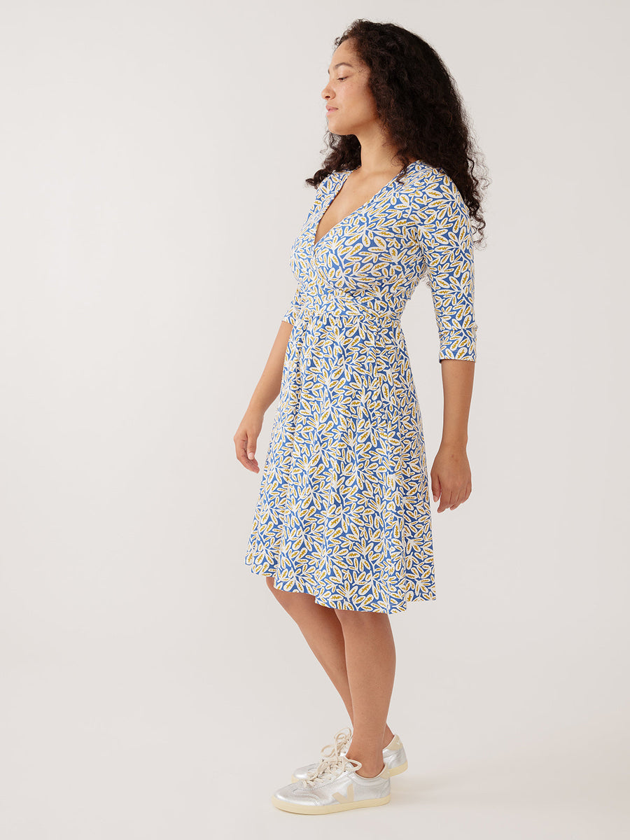 Mata Traders Callie 3/4 Sleeve Wrap Dress in Fern Beats Blue -  size Inclusive, women's clothing - Side view