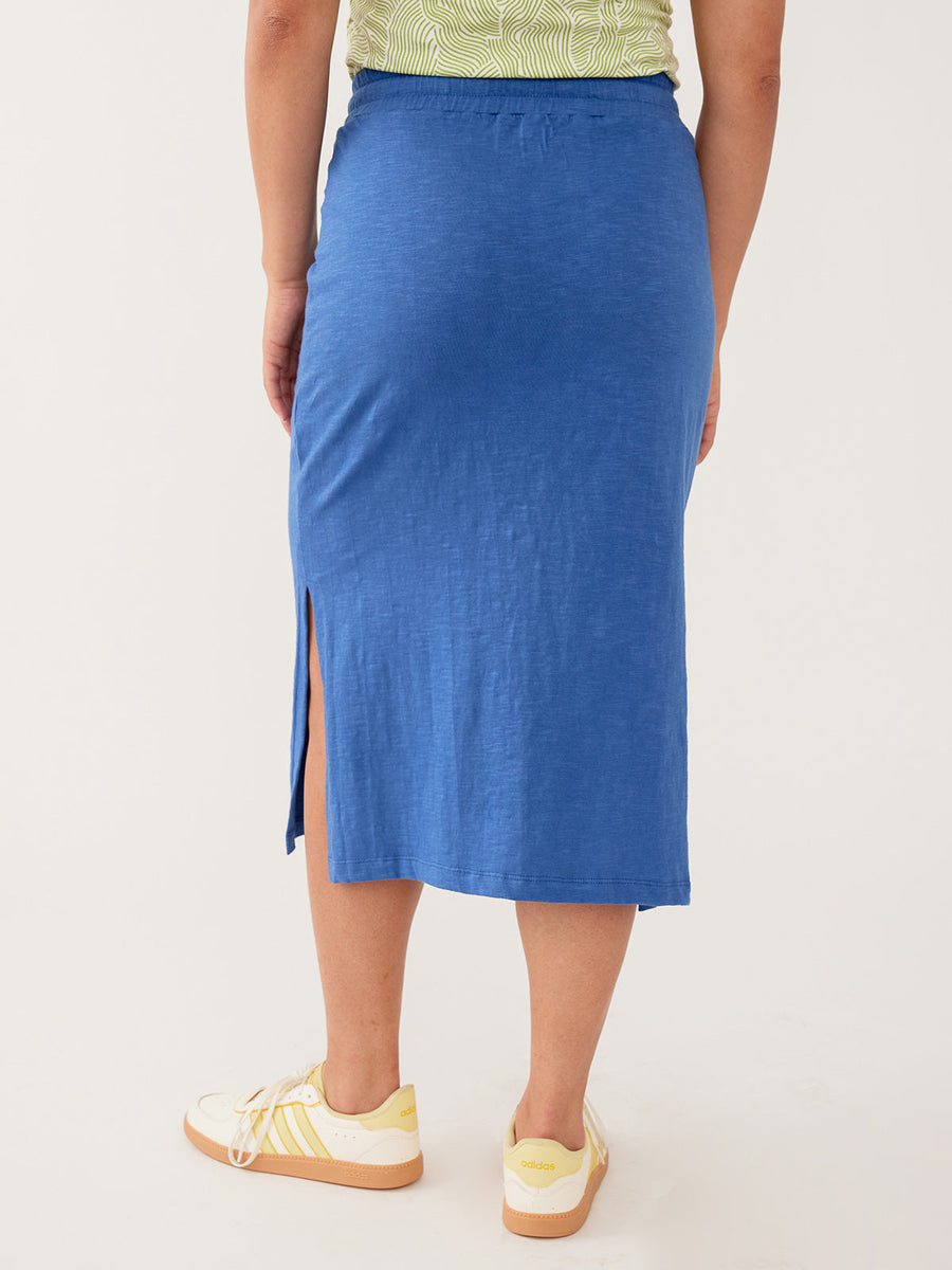 Back view of the cerulean blue organic cotton Isla midi skirt by Mata Traders.
