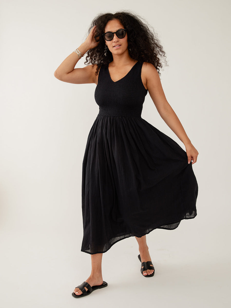 Mata Traders Lily V-Neck Sleeveless Dress in Black Textured Check - Size Inclusive , women's clothing