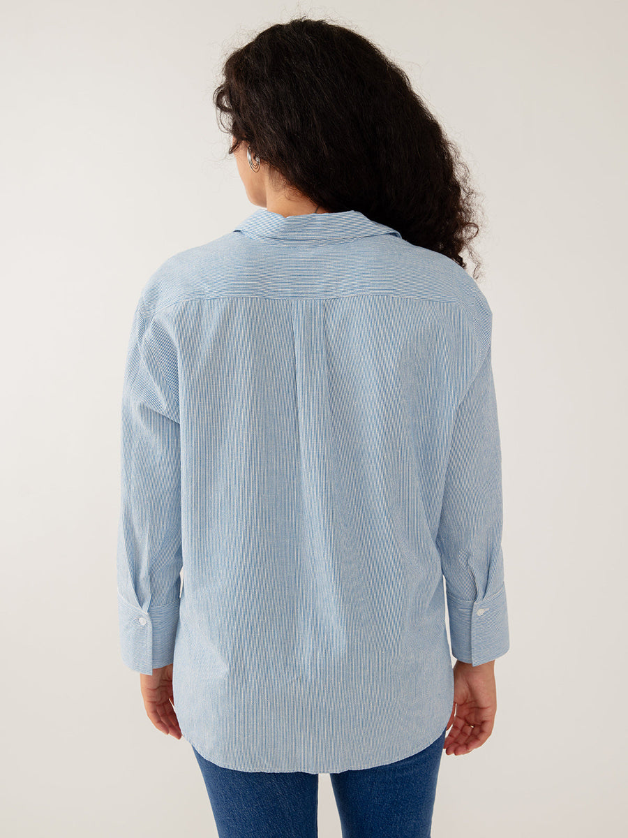 Mata Traders Mae Oversized Top in Blue Stripe Linen Cotton - Size Inclusive  women's clothing