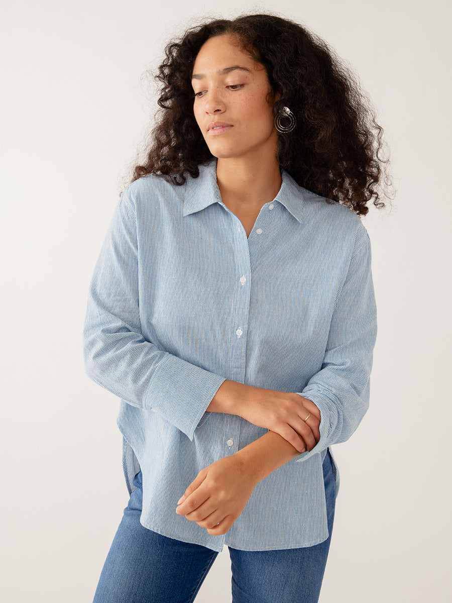 Mata Traders Mae Oversized Top in Blue Stripe Linen Cotton - Size Inclusive  women's clothing